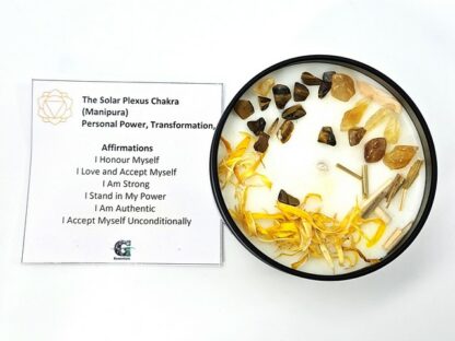 Chakra Candle: Solar Plexus Chakra: Personal Power, Transformation. Frangipani, 100% Soy Wax Candle.