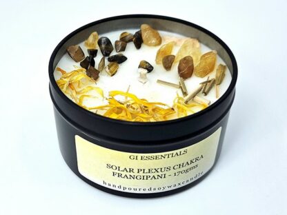 Chakra Candle: Solar Plexus Chakra: Personal Power, Transformation. Frangipani, 100% Soy Wax Candle.