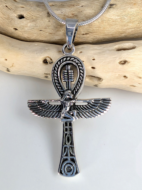 Egyptian Ankh with Isis & Hieroglyphics Pendant